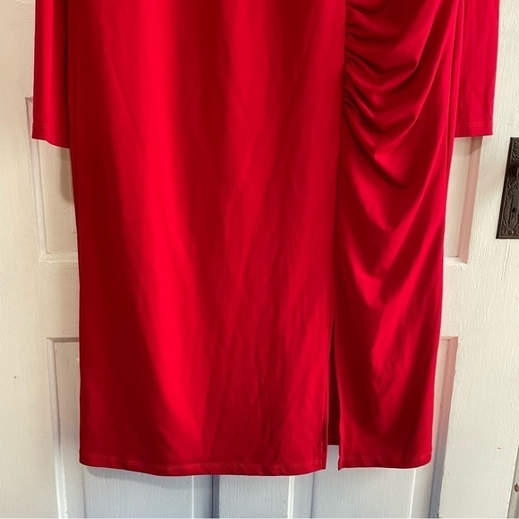 🥒 Eloquii Red Long Sleeve Ruched Sheath Mini Dress Leg Slit Red Women’s Plus 16 - Picture 6 of 11